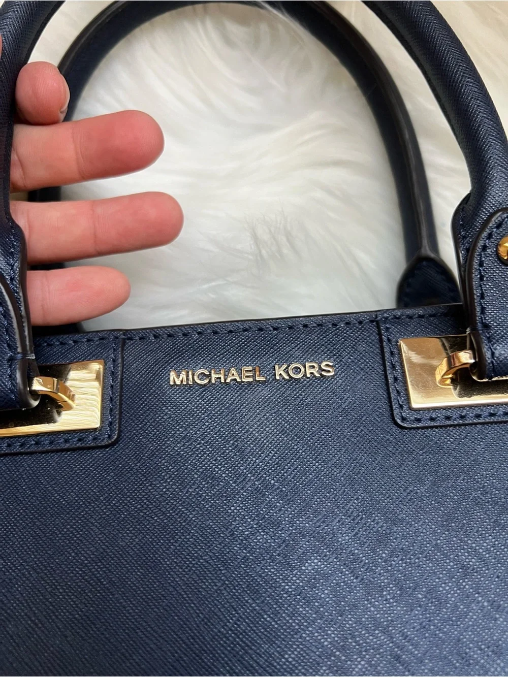 Michael Kors Navy Saffiano Satchel with Gold Hardware